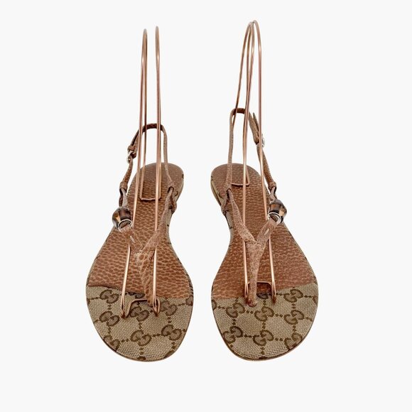 Gucci Bamboo GG Flat Thong Sandals Size 36 US 6 Beige Monogram Canvas Flop Flop - Picture 3 of 13